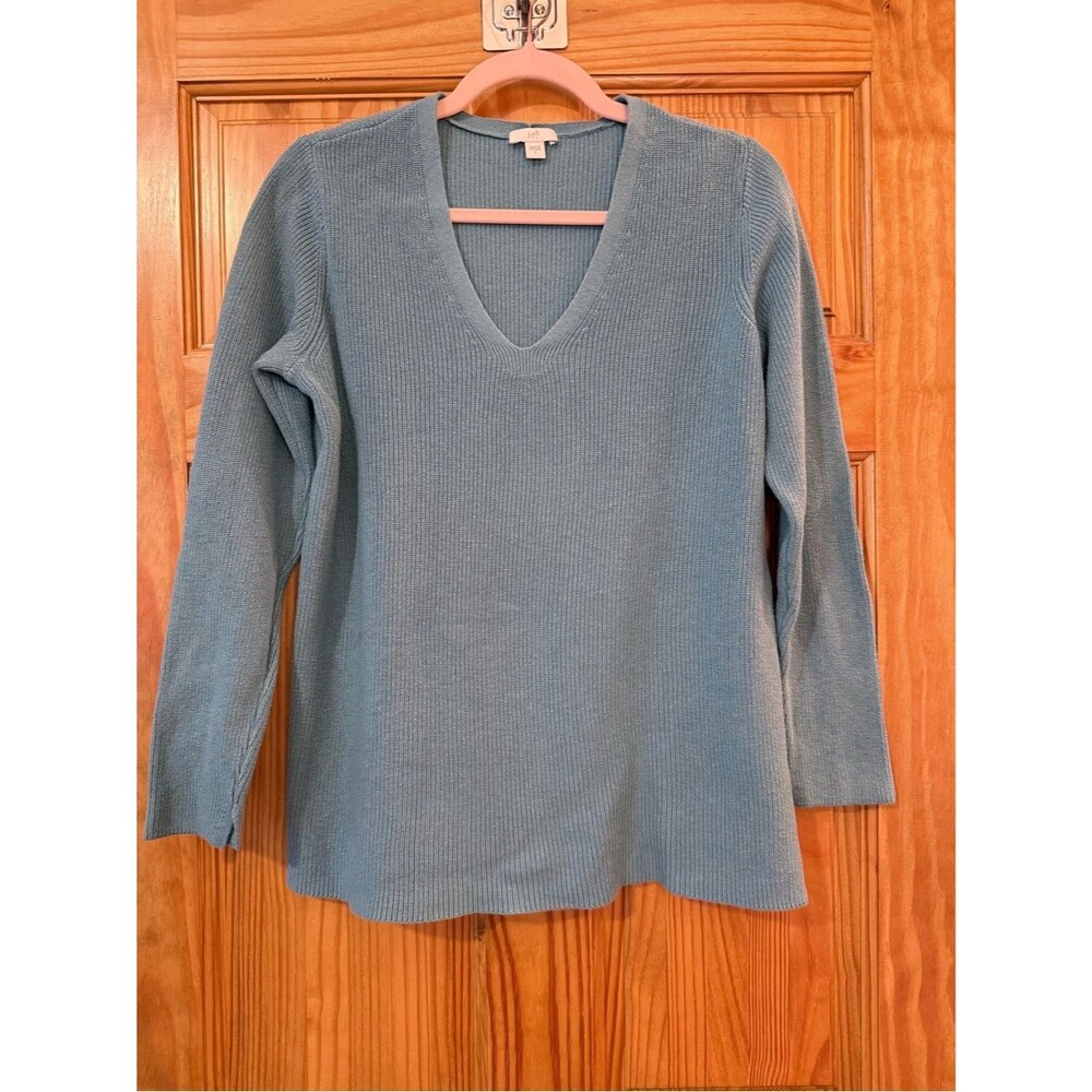 J Jill Teal Blue Ribbed V Neck Sweater Quiet Luxury Long Sleeve Small